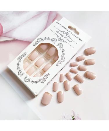 Gold Glitter French Tip Press-On Nails - 24Pcs Pink Fake Nails for Women and Girls - Buy Online on GoSupps.com