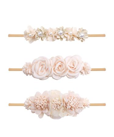 Baby Girl Flower Headbands Set-Elastic Hair Band Crown Flower Wraps for Newborn Infant Toddler 3Pcs by mligril Beige - Buy Online on GoSupps.com