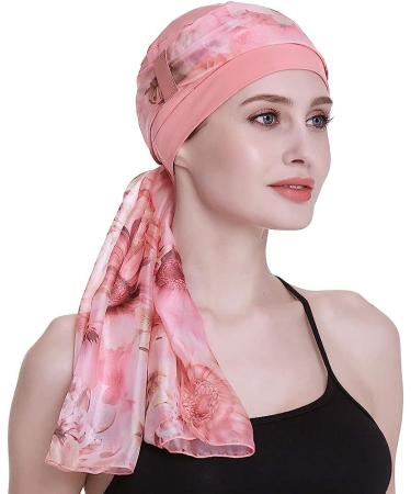 Elegant Chemo Cap with Silky Scarfs - Coral | For Cancer Women Hair Loss Sleep - Buy Online on GoSupps.com