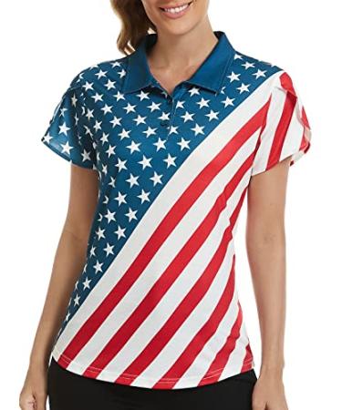 V VALANCH Women's Golf Polo Shirts Short Sleeve Lady Tennis Apparel Lightweight Printed Polo Shirt Large American Flag6