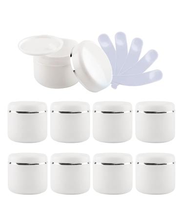 TIANZD 10 Pieces 150ml White Empty Plastic Cosmetic Jars with Screw Lid with Silver Ribbon 150g Small Storage Pot Containers for Homemade Salve Gel Lip Balm Cream Travel 5x Spatula
