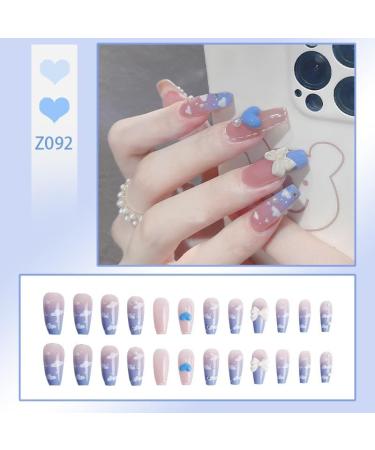 24Pcs/Set Press On Nails Blue gradient cloud pearl bow long fake nails Acrylic Fake Nails Full Cover Nails Tips Artificial Finger Manicure Press on nails for Women and Girls - Buy Online on GoSupps.com