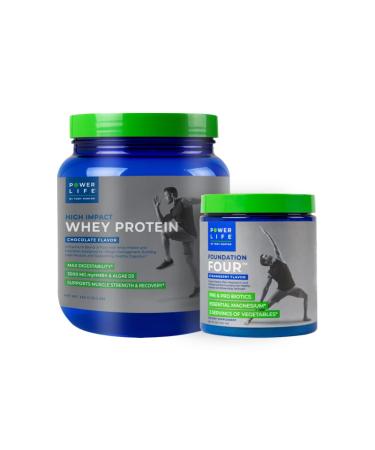 POWERLIFE Tony Horton High Impact Grass Fed Whey Protein with 3000 MG of HMB (Chocolate) + Foundation Four Greens Drink with Pre & Pro Biotics Essential Magnesium (Strawberry)