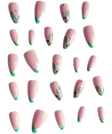 MENILITHS 24Pcs/Set Press On Nails French Green White Butterfly False Nails Acrylic Fake Nails Full Cover Nails Tips Artificial Finger Manicure Press on nails for Women and Girls - Buy Online on GoSupps.com