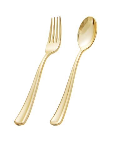 BUCLA 200 Pieces Gold Plastic Silverware - Disposable Gold Utensils - Heavy Duty Plastic Cutlery set- 100 Gold Plastic Forks, 100 Gold Plastic Spoons for Catering, Parties, Dinners, Weddings