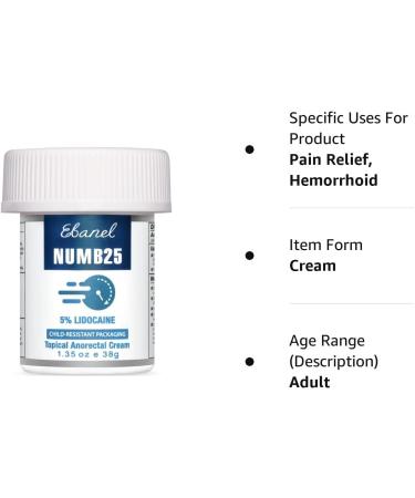 Ebanel 5% Lidocaine Topical Numbing Cream 1.35 oz - Pain Relief with Aloe Vera & Vitamin E - Child Resistant Cap - 1.35 Ounce Pack - Buy Online on GoSupps.com