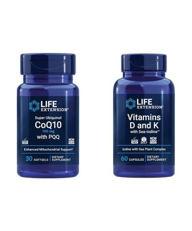Life Extension Super Ubiquinol CoQ10 with PQQ CoQ10 PQQ & Vitamins D and K with Sea-Iodine Vitamin D3 Vitamin K1 and K2
