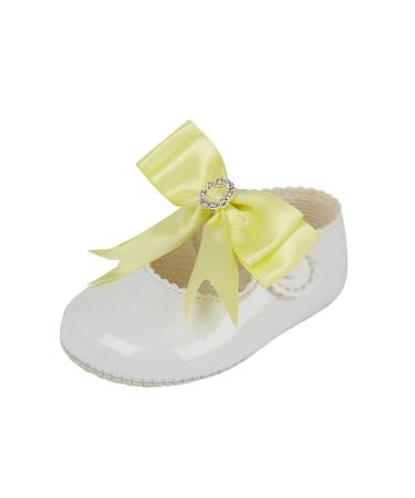 EARLY DAYS Baypods Baby Girls Shoes Soft Soled Pre Walker Shoes Diamante Bow Soft Faux Leather Baby Shoes Made in England 4 UK Child White Lemon
