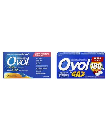 Ovol Ultra Strength Softgels Capsule For Gas Relief for Gas Pain Pressure Bloating 180mg & Extra Strength Cherry Flavour Chewable Tablets Gas Pain Pressure and Bloating Relief 180mg 32 Count Softgels + Tablets 32 Count