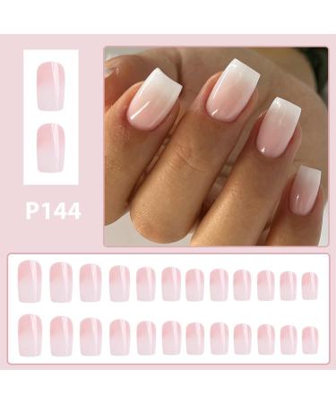 Premium Pink Gradient French Press On Nails - Reusable Short White Tip Fake Nails Kit (24 PS) | Nail Art Gift for Women with Adhesive Tabs & Double-Sided File - Buy Online on GoSupps.com