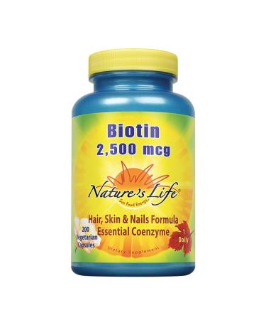 Nature's Life Biotin 2500mcg | Healthy Hair Skin Nail & Metabolism Support | Non-GMO | 200 Vegetable Capsules 200 Count (Pack of 1)