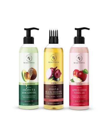 BEAUTYFYN Apple Cider Vinegar shampoo + Onion Black Seed hair Oil + Coconut Avocado Oil Conditioner 600 ml (Shampoo + Oil+ Conditioner) 200ml Each