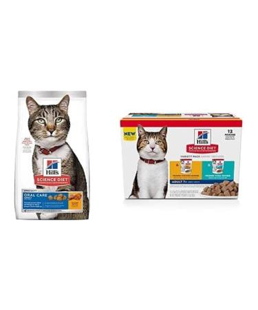 Hill's Science Diet Adult Oral Care Chicken Recipe Dry Cat Food and Hill's Science Diet Senior 7+ Canned Cat Food Pouch Variety Pack 7.03 kg (Pack of 1) Adult Chicken Oral Care + Wet Pouch 7+