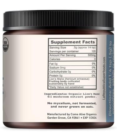 La Republica Lion's Mane Mushroom Powder - USDA Organic Extract, 120 Servings, Fair Trade, Vegan | Made in USA - Buy Online on GoSupps.com