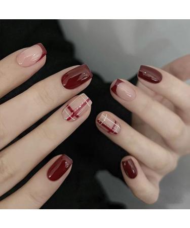 24Pcs/Set Press On Nails Mid Length Wine Red Square False Nails Acrylic Fake Nails Full Cover Nails Tips Artificial Finger Manicure Press on nails for Women and Girls - Buy Online on GoSupps.com