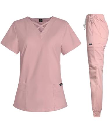 VIAOLI Scrubs for Women Set Modern V-Neck Top & 8 Pocket Jogger Pants Athletic Nursing Uniform Solid Stretch Workwear