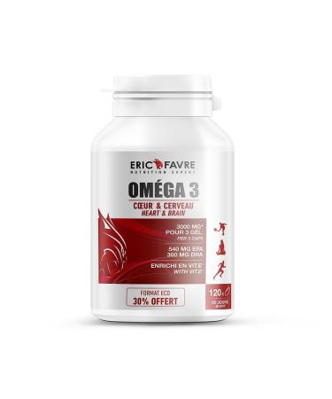 Omega 3 Fish Oil 3000 mg + Vitamin E Highly Dosed in EPA DHA Concentration Memory Cardioprotective Odorless 60 days Program French Laboratory Eric Favre