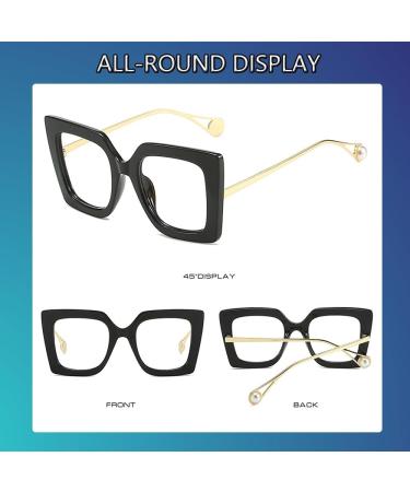 Stylish Oversized Square Blue Light Blocking Glasses for Women | Thick Pearl Inlay Arms | A1 Black 52mm Eyewear - Buy Online on GoSupps.com