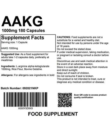 180 AAKG L-Arginine Alpha Ketoglutarate Capsules - 1000mg Nitric Oxide Pre Workout Booster for Muscle Pump | Supplement - Buy Online on GoSupps.com