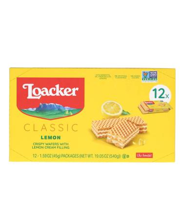 Loacker Premium Lemon Wafer Cookies| Multipack of 12 snacks | Crispy wafer fingers with creme-filling | Taste of fresh Italian Lemons |Non GMO | No artificial flavorings, added colors or preservatives | perfect snack for lunchbox & tea-break 19.05 oz Lemo