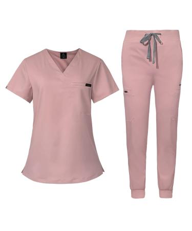 VIAOLI Scrubs Sets for Women Medical Jogger Scrub Sets Hospital Scrubs Working Uniform Nursing Soft Stretchy Workwear Pink Small