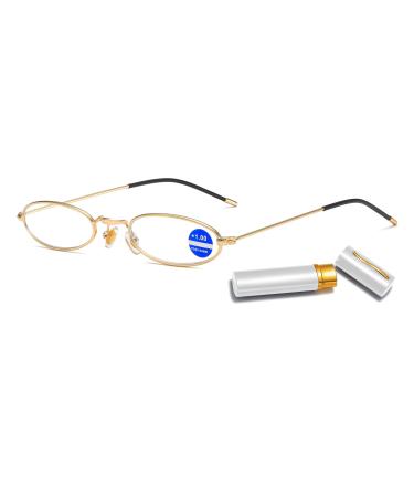 Koosufa metal anti -blue light reading glasses with etui men women Wortchable glasses shell classic hinge narrow ultra light reading glasses pocket clip glasses clip 1.0 1.5 2.5 3.5 4.0 1x gold 1.5 x