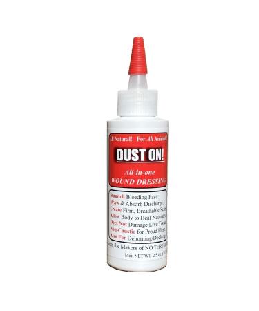 Dust On! All in One Wound Dressing - Dry Powder Treatment for Healing Wounds Staunch Bleeding Fast Dehorning/Docking - All Natural Formula Non-Caustic Easy to Use (2.5 oz)