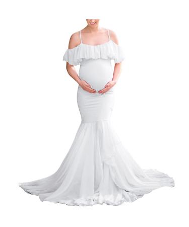 Robe de grossesse pour femme - Robe d'allaitement en dentelle - Pour s ance photo - Robe longue en mousseline de soie - Couleur unie - Sexy - Robe d' t S Blanc.