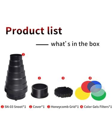 Aluminium Conical Snoot Kit for Bowens Mount Strobe Flash - Honeycomb Grid & Color Filters - Buy Online on GoSupps.com