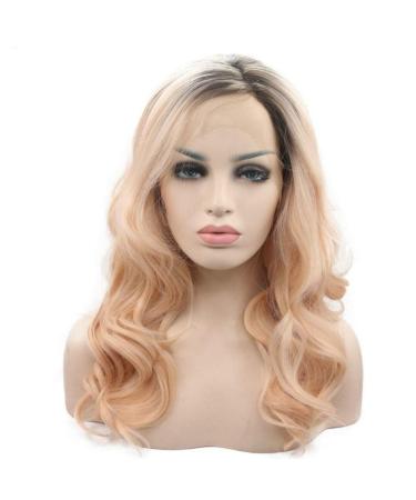 SHIYID Heat Resistant Fiber Natural Wave Hair Two Tone Brown Orange Peach Synthetic Lace Front Wig