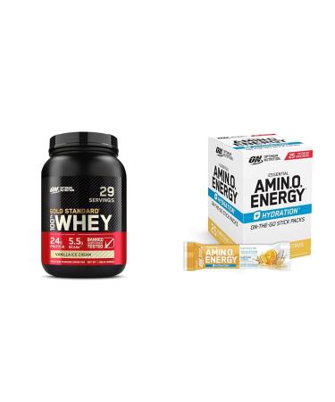 Optimum Nutrition Workout Bundle with Gold Standard 100% Whey Protein Powder Vanilla Ice Cream (29 Servings) and Amino Energy + Hydration Stick Packs Surfside Citrus (25 Servings)
