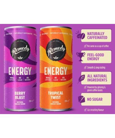 Remedy Natural Energy Drink - Tropical Twist & Berry Blast Mixed Pack - Natural Caffeine - Sugar Free & Low Calorie - Kombucha Energy Drink with Probiotics for Gut Health - 12 x 250ml Energy (Berry & Tropical) 12x250ml - Buy Online on GoSupps.com