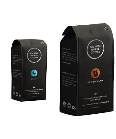 Kicking Horse Coffee Decaf Swiss Water Process Dark Roast Whole Bean 1 lb (Pack Of 6) - Certified Organic Fairtrade Kosher & Grizzly Claw Dark Roast Ground 284 g