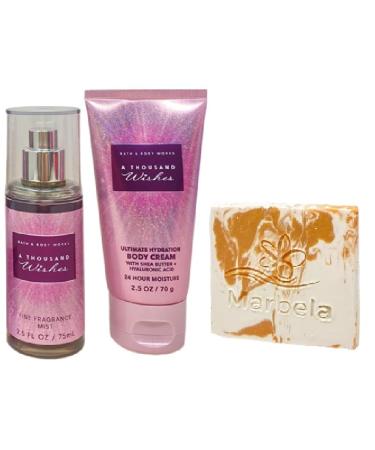 Bath & Body Works A Thousand Wishes - Fragrance Mist Ultimate Hydration Body Cream - with a Peach Gardenia Sample Soap - Travel Size