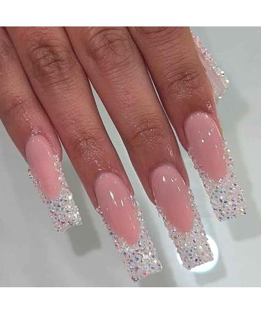 Foccna Square Press on Nails Long French Pink Fake Nails Acrylic Black False Nails Crystal Artificial Nails for Women and Girls 24pcs (Nails 3)