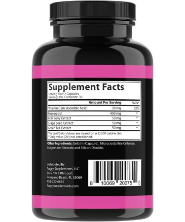 Angry Supplements Clear Skin Complex with Resveratrol, Acai, Green Tea, Grape Seed & Vitamin C - 60ct Beauty Blend for Skin, Hair & Nail Health - Buy Online on GoSupps.com