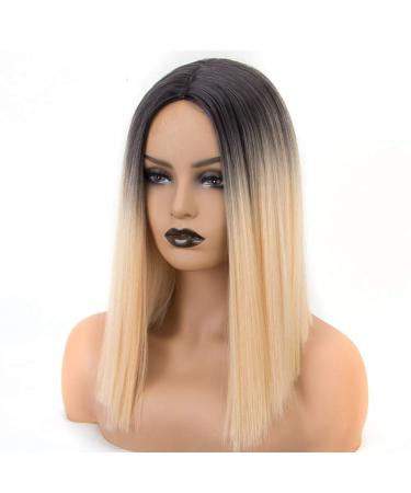 SHIYID Short Wig Wig with Dark Roots to Light Blonde Straight Synthetic Hair Wigs for Women Black Roots Heat Resistant Fiber