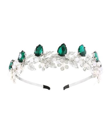 IYOU Crystal Wedding Headband Green Flower Bridal Hair Bands Crown Sparkly Rhinestone Leaf Headpiece Tiara Prom Party Hair Accessories for Brides and Bridesmaid