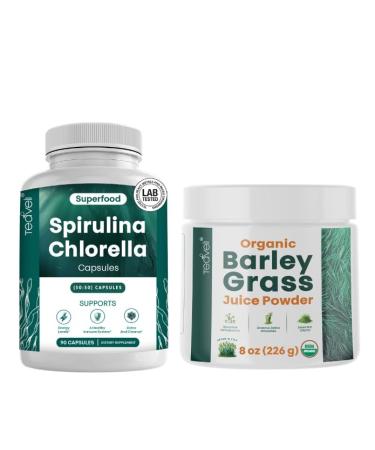 Teaveli Spirulina and Chlorella Capsules and Orgaic Barley Grass Juice Powder Bundle