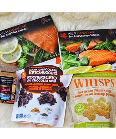 K-E-T-O Food Gift Pack with Wild Canadian Smoked Salmon Whisps Crackers Chocolate Nuggets and Crab Lobster and Salmon Pate