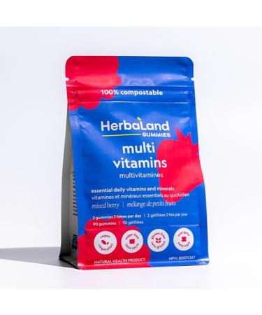 Herbaland Vegan Multivitamins Gummies For Adults - 13 Essential Vitamins Vitamin A C D3 E B6 B12 Zinc Complete Supplement Sugar-Free and Organic - 4.4 grams Mixed Berry Flavor 90 Count