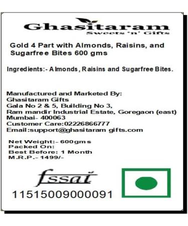 Ghasitaram Gifts Rakhi Gifts for Brothers Dryfruit - 4 Part with Almonds Raisins and Sugarfree Bites 600 GMS with 2 Pearl Rakhis Almonds Raisins and Sugarfree Bites & 2Rakhis - Buy Online on GoSupps.com