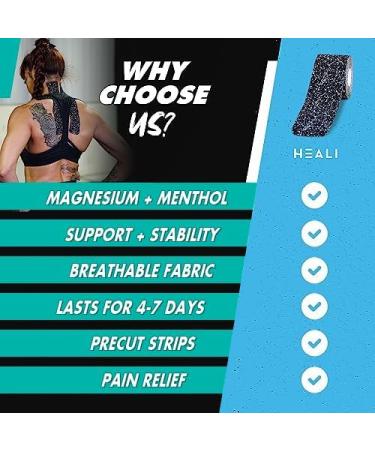 Heali Precut Kinesiology Tape Infused with Magnesium & Menthol - Roll - 20 Strips - 2" x 10" (5cm x 25cm) - Synthetic Silk Latex Free Strong Adhesive to Last 4-7 Days -Splatter Paint Design - Buy Online on GoSupps.com