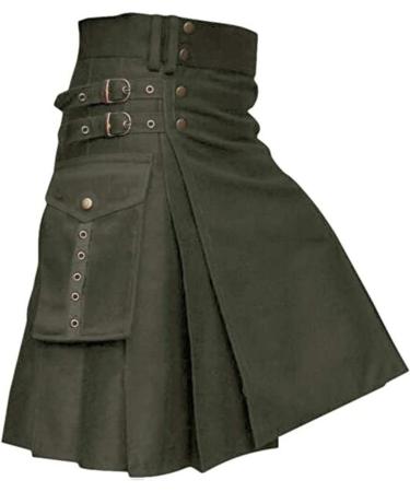 Men's Scottish Kilt - Stylish Punk Skirt with Contrast Bags & Zipper | Casual Daily Wear - Z11301 Green - Buy Online on GoSupps.com