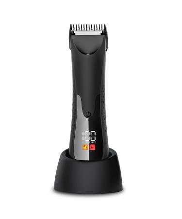 Groin Hair Trimmer - Electric Manscape Trimmer for Men Waterproof Ball Trimmer for Pubic/Body/Groin Grooming with Ceramic Blade LED Light Charging Base Black