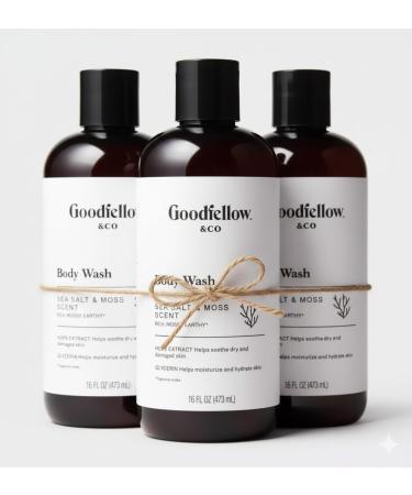 Goodfellow & Co Body Wash Sea Salt & Moss Scent - 16 Fluid Ounces - Blend Of Aquatic Scents With Citrus And Floral Notes (Bundle of 3)