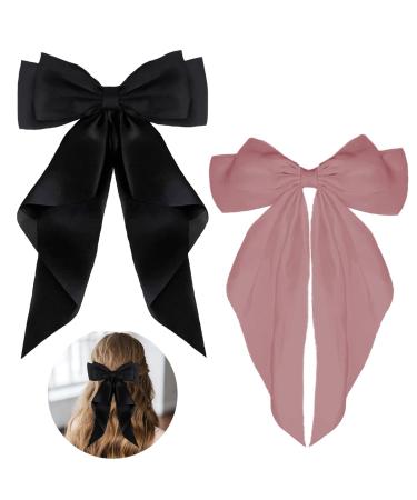 ZEVONDA Pack of 2 Big Bow Hair Clips - Solid Color Large Bowknot Hairpin Hair Clip with Long Silky Satin Tail Hair Barrettes Accessories for Girls Women Black + Pink Black + Pink (2PCS)