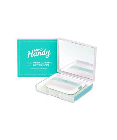 Merci Handy - 100% Natural Blotting Paper - 50 Oil Absorbing Sheets for Face - Easy use for Perfect Oily Skin Control - Made from Green Tea Extracts and Hemp + Compact Mirror + Adhesive Puff - Vegan