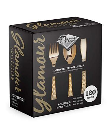 120 CT Combo Polished Rose Gold Like Forks Heavyweight Plastic Cutlery - Hammered Effect Design Plastic Silverware