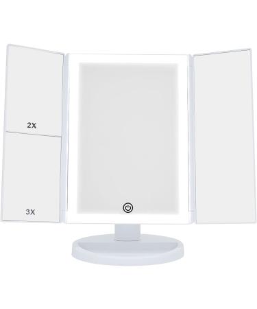Essbhach Makeup Mirror with Lights  Vanity Desk Mirror 1/2/3/5X Magnifications  72 LED Trifold Mirror and Touch Screen  180 Degree Vanity Mirror  Gift for Women  White with Black Multi 72LED